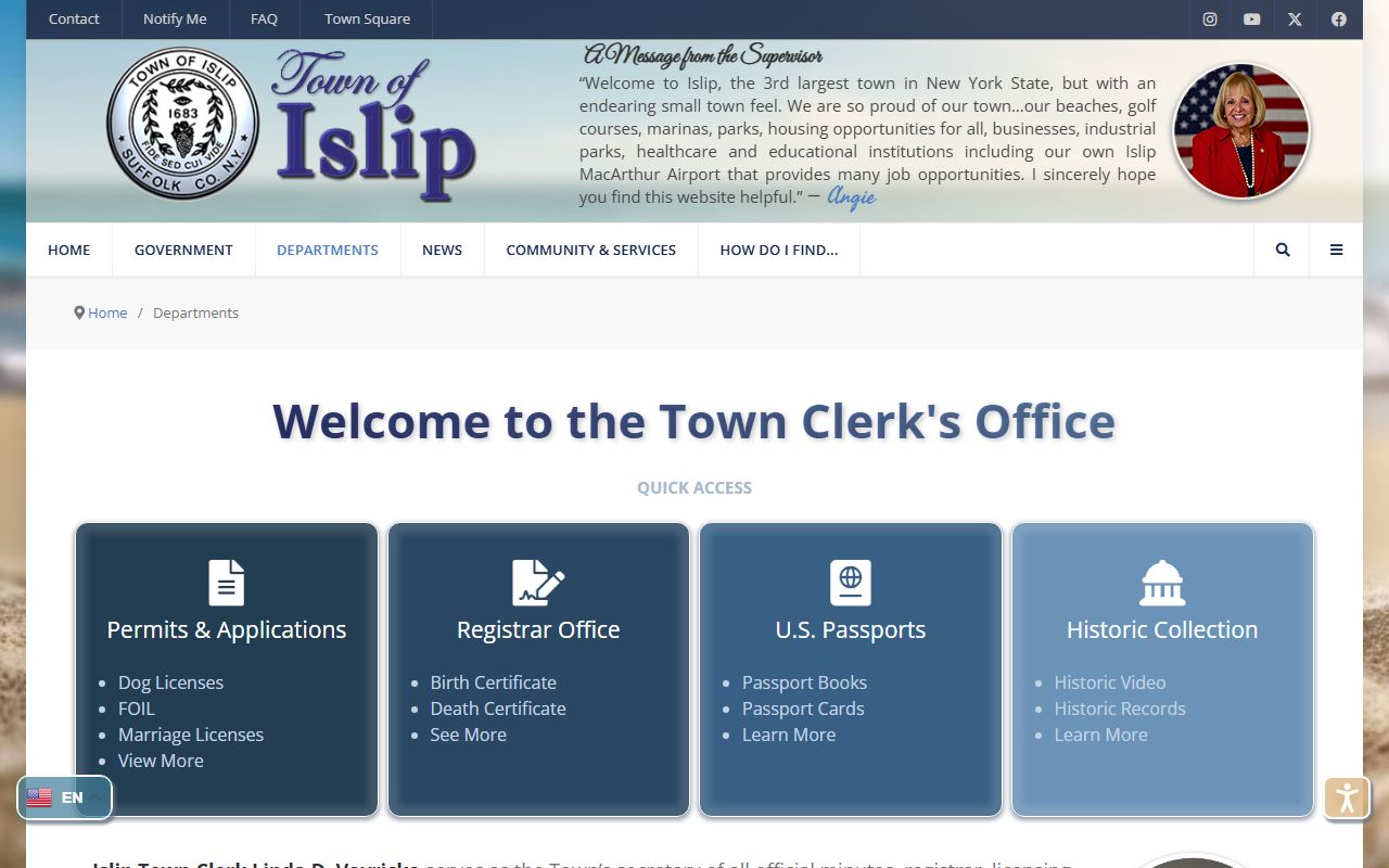 Islip Town Clerk office - deed records are handled by Suffolk County Clerk