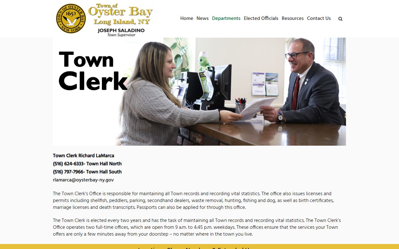 Oyster Bay Town Clerk office - deed records handled by Nassau County Clerk