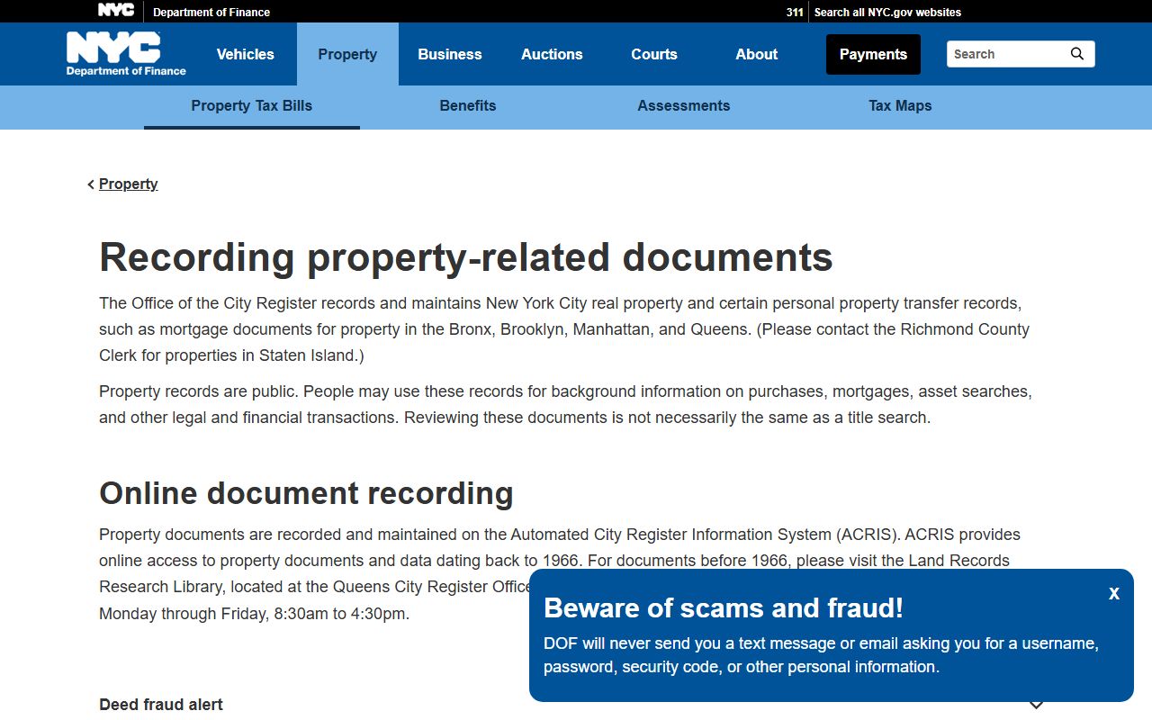 NYC Department of Finance property recording page for Bronx County deeds