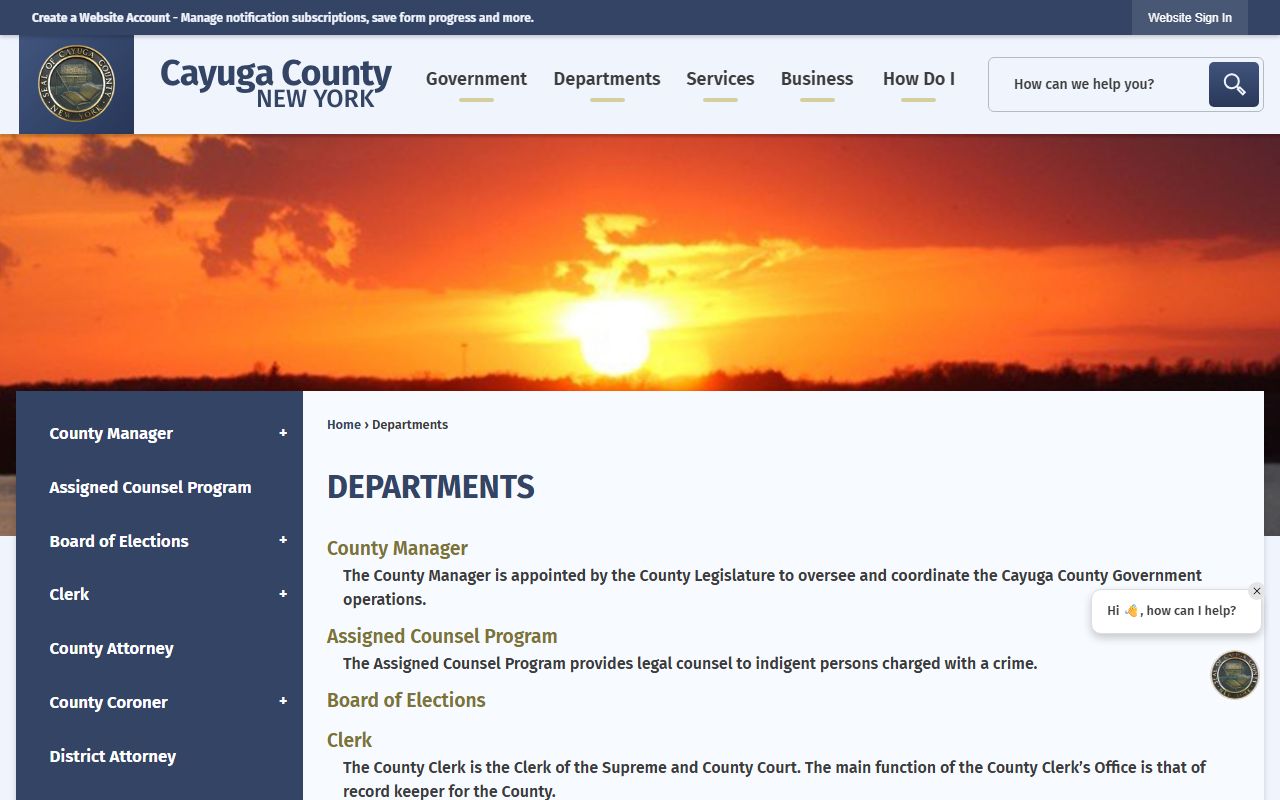 Cayuga County departments portal showing County Clerk services for deed records