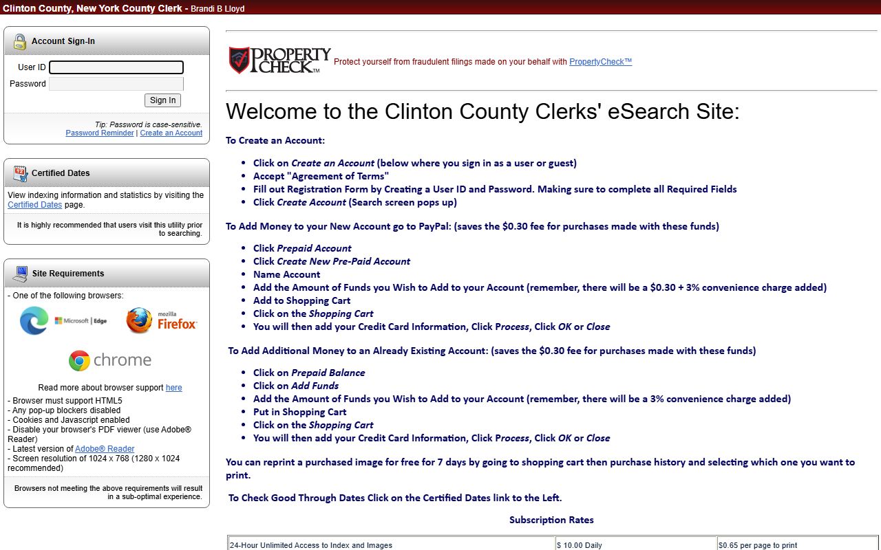 Clinton County online records search portal through Cott hosting system