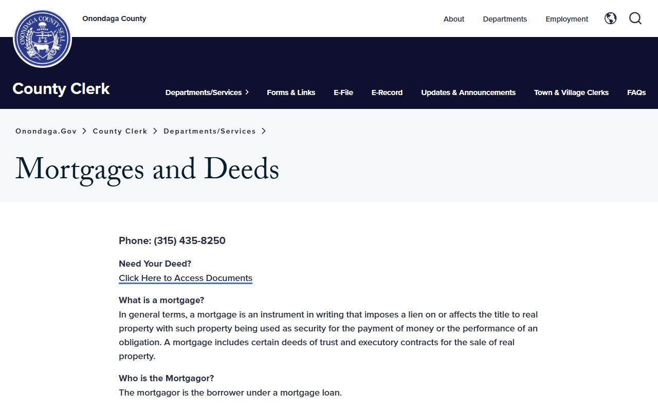 Onondaga County Mortgages and Deeds Department information page